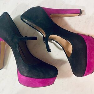 Vince Camuto Black and Magenta Suede Mary Jane Platform Heels used like new